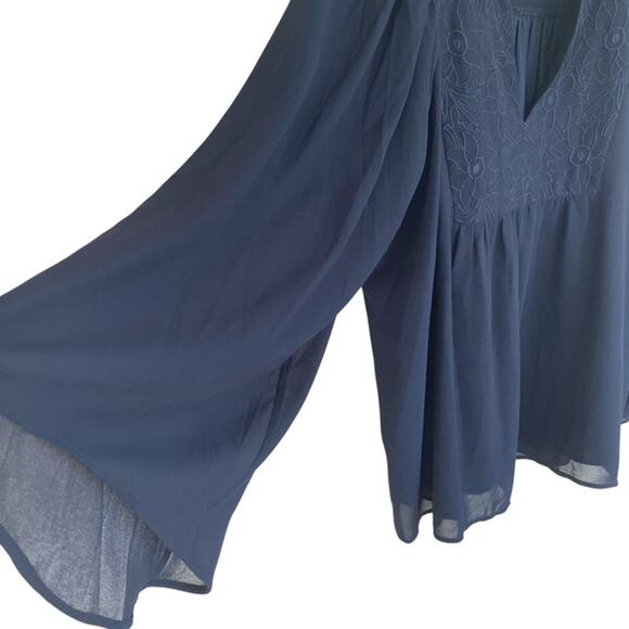 LOFT Navy Blue Floral Embroidered Design Sheer Blouse - Large - Picture 4 of 7